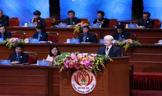 Tổng Bí thư Nguyễn Phú Trọng phát biểu tại Đại hội Công đoàn Việt Nam lần thứ XIII tháng 12.2023. Ảnh: Hải Nguyễn