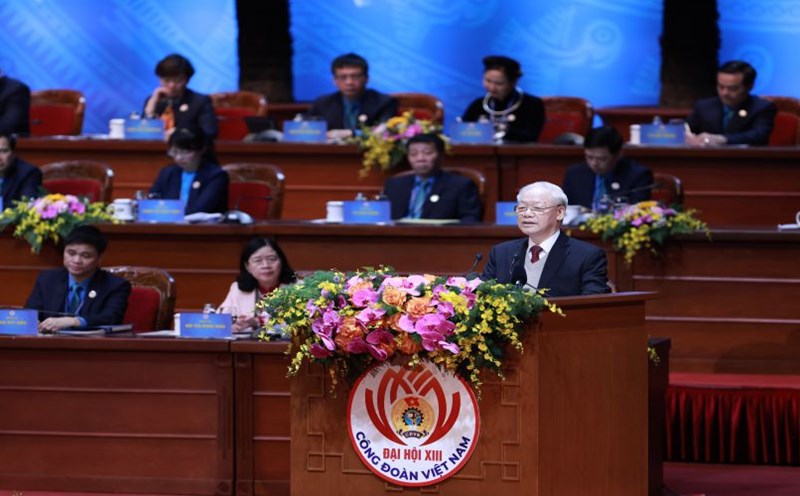 Tổng Bí thư Nguyễn Phú Trọng phát biểu tại Đại hội Công đoàn Việt Nam lần thứ XIII tháng 12.2023. Ảnh: Hải Nguyễn