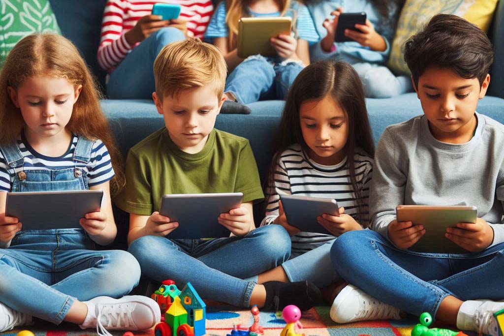 컴퓨터 화면과 전화를 사용하는 시간이 증가하여 어린이가 정신 건강에 영향을 미칩니다. 사진 : AI -NGOC THUY