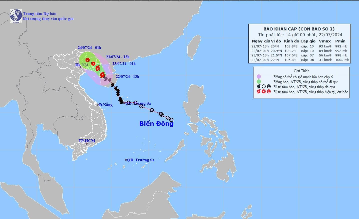 Storm No. 2 has increased in strength by one level, about to land in the Gulf of Tonkin. Photo: UDI Maps