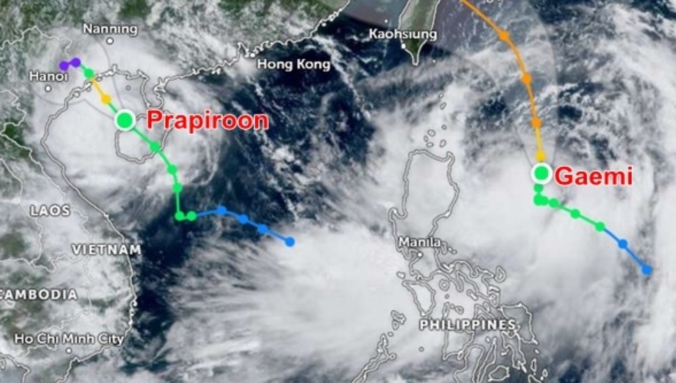 Storm No. 2 (Prapiroon) and storm Gaemi are active in the area. Photo: Zoom Earth, JMA.