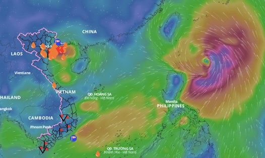 Bão số 2 đang giật cấp 11, cập nhật lớp hướng gió trên biển lúc 7 giờ ngày 23.7. Ảnh: Hệ thống giám sát thiên tai Việt Nam