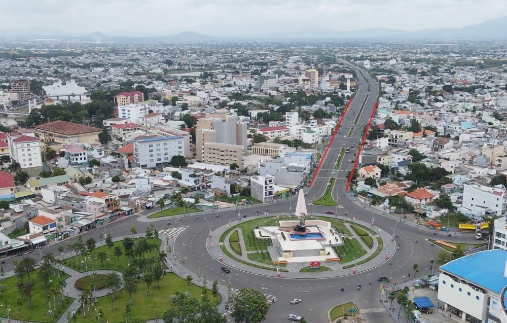 Dự án đường Lê Duẩn (đánh dấu gạch đỏ) giao với đường Trần Hưng Đạo, Phan Thiết tại vòng xoay. Ảnh: Duy Tuấn