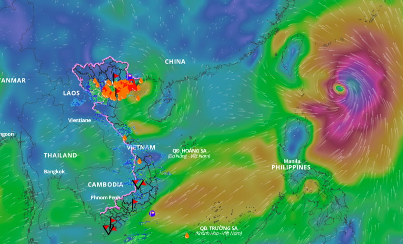 Vùng áp thấp suy yếu từ bão số 2 tiếp tục gây mưa lớn. Ảnh: Hệ thống giám sát thiên tai Việt Nam