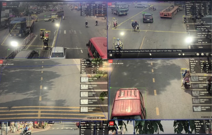 Traffic monitoring screen using VNPT SmartVision integrated camera system in Long An province