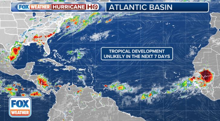 Dự báo không có cơn bão hoặc áp thấp nhiệt đới nào ở Đại Tây Dương trong 7 ngày tới. Ảnh: Fox Weather