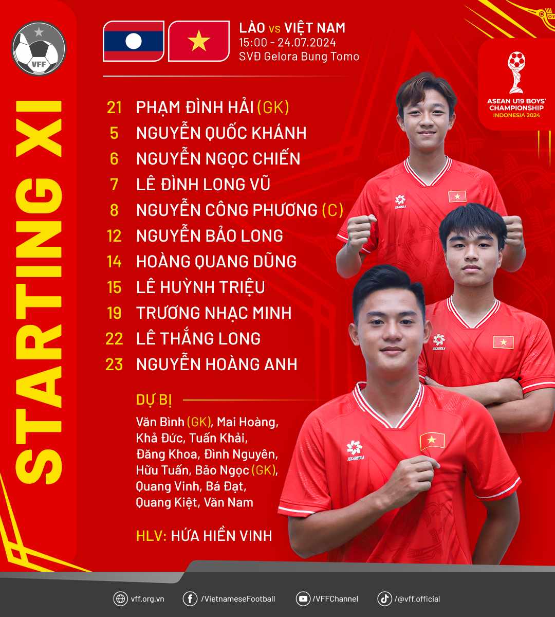 Đội hình xuất phát của U19 Việt Nam. Ảnh: VFF