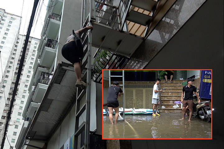Tầng hầm ngập cao, người thuê trọ phải trèo thang thoát hiểm
