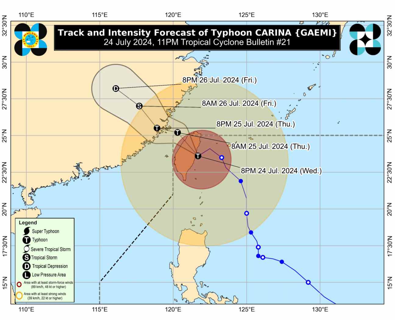 Forecasting the path of storm Gaemi (Carina after the Philippines). Photo: PASAGA