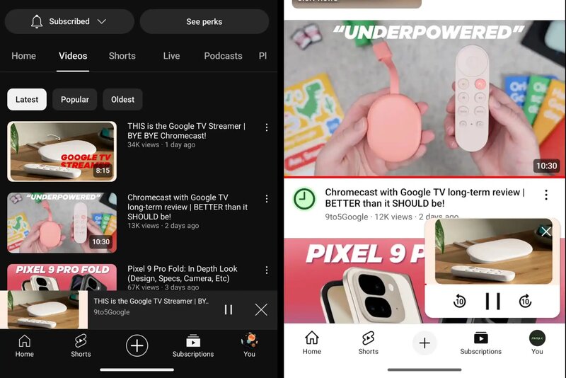 So sánh thiết kế cũ (bên trái) và thiết kế mới của tính năng “hình trong hình” mới trên Youtube dành cho Android. Ảnh: 9to5Google