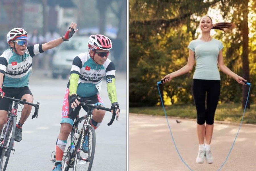 Lợi ích của đạp xe và nhảy dây đối với sức khoẻ. Đồ hoạ: Thiện Nhân