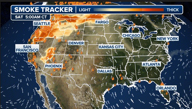 Density and scope of toxic smoke caused by forest fires taken from satellite at 5 am this morning. Photo: FOX Weather