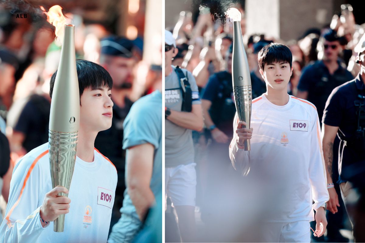 Jin (BTS) rước đuốc tại Olympic Paris 2024. Ảnh: Naver