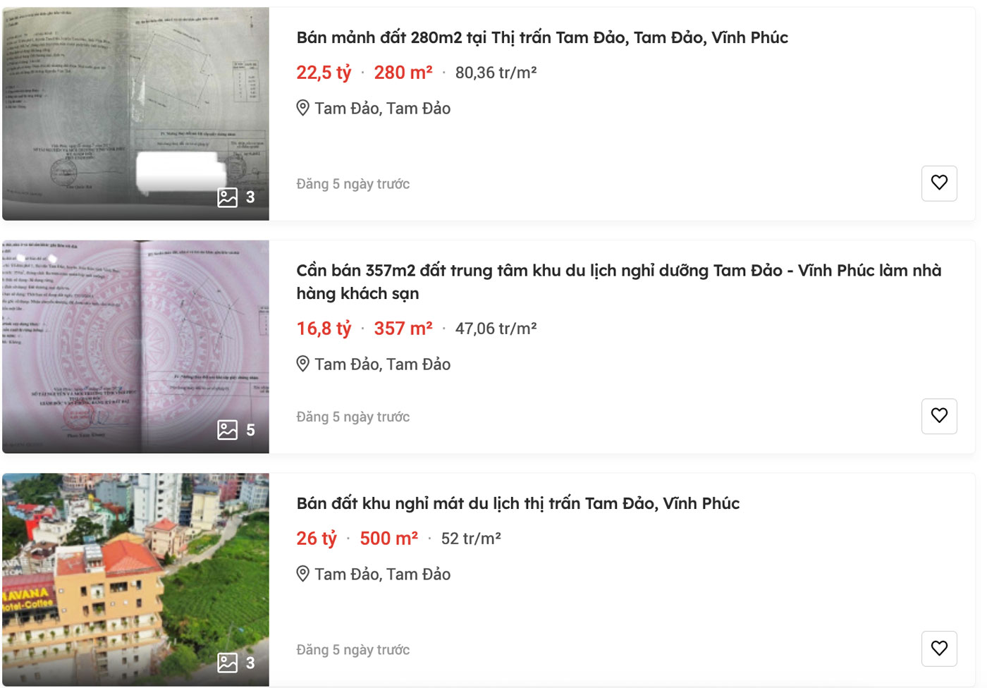 Information about land in the Tam Dao town area appears densely on real estate trading sites. Screenshots