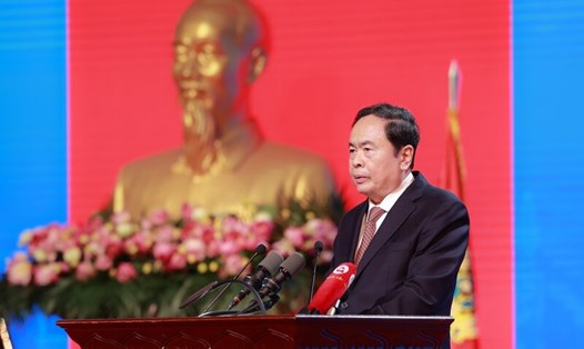 Ủy viên Bộ Chính trị, Chủ tịch Quốc hội Trần Thanh Mẫn phát biểu chỉ đạo tại buổi lễ. Ảnh: Hải Nguyễn