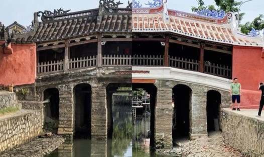 Chùa Cầu trước và sau trùng tu (phải).