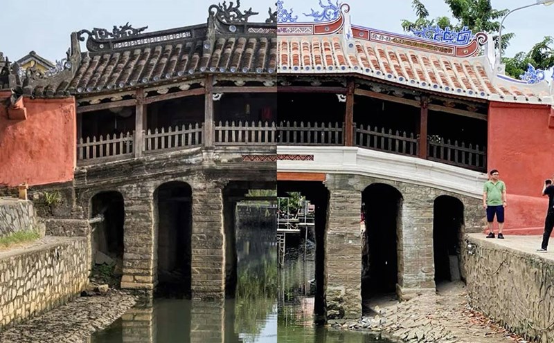 Chùa Cầu trước và sau trùng tu (phải).