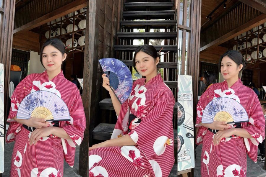 Chu Thị Ngọc khoe nhan sắc trong trẻo trong trang phục kimono. Ảnh: FBNV