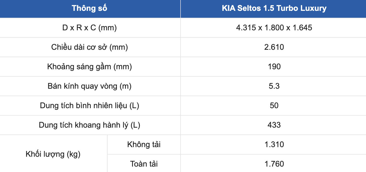 Technical specifications of KIA Seltos 1.5 Turbo Luxury: Dimensions - Weight. Screenshots