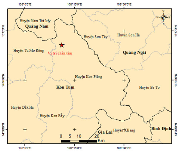 Bản đồ tâm chấn của trận động đất chiều nay (29.7). Ảnh: Trung tâm báo tin động đất và cảnh báo sóng thần - Viện Vật lý Địa cầu.