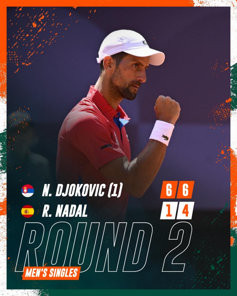 Djokovic thắng Nadal 6-1, 6-4 để giành vé vào vòng 3 nội dung đơn nam môn quần vợt Olympic 2024. Ảnh: Roland Garros