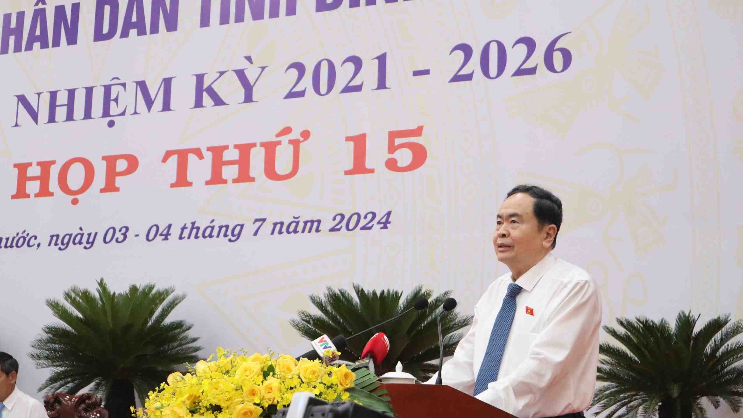 Chủ tịch Quốc hội Trần Thanh Mẫn đã phát biểu chỉ đạo tại kỳ họp thứ 15 (kỳ họp giữa năm), HĐND tỉnh Bình Phước. Ảnh: Dương Bình