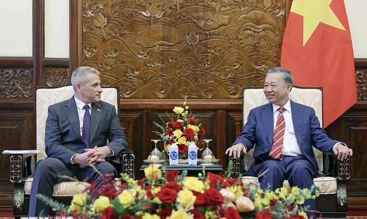 Chủ tịch nước Tô Lâm tiếp Đại sứ Belarus tại Việt Nam Uladzimir Baravikou. Ảnh: TTXVN