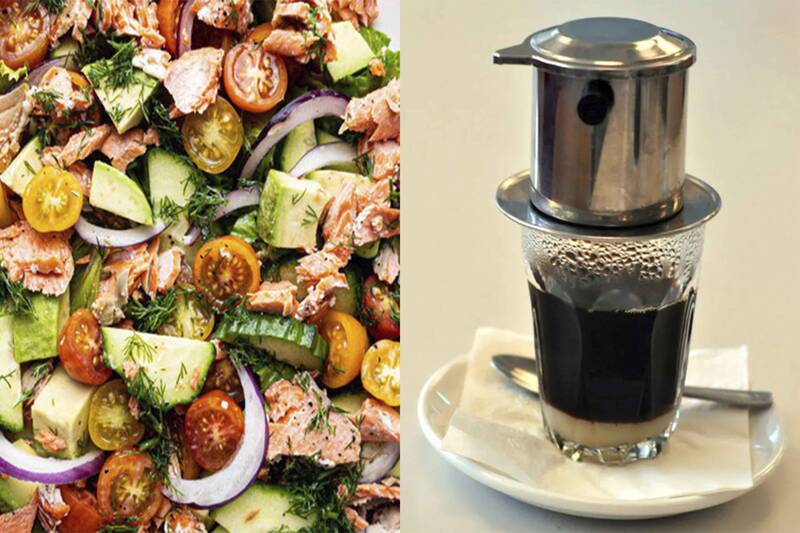 Kết hợp cà phê và salad cá hồi vào chế độ ăn uống giúp giảm mỡ bụng hiệu quả. Đồ họa: Hạ Mây