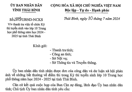 Công văn số 2879/UBND-NCKS của UBND tỉnh Thái Bình do ông Lại Văn Hoàn - Phó Chủ tịch UBND tỉnh vừa ký ban hành. Ảnh chụp tài liệu