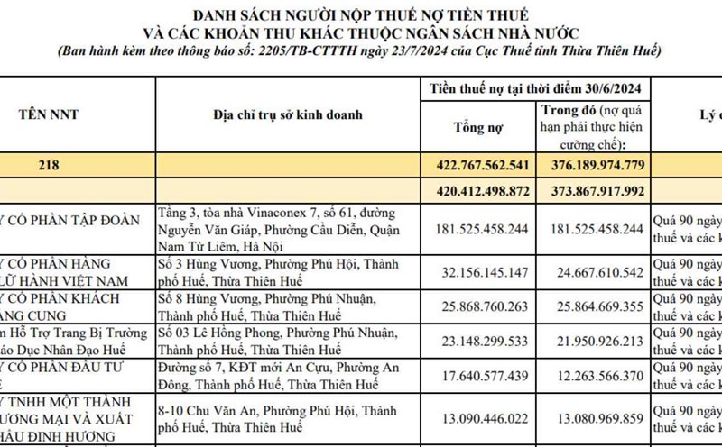 Cục thuế tỉnh Thừa Thiên Huế công khai danh sách những doanh nghiệp nợ thuế. Ảnh: Phúc Đạt.