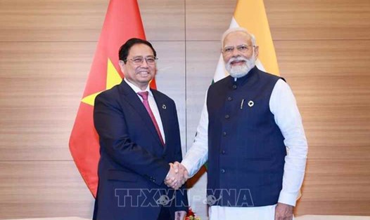 Thủ tướng Chính phủ Phạm Minh Chính gặp Thủ tướng Ấn Độ Narendra Modi tại Hội nghị thượng đỉnh G7 mở rộng ở Hiroshima, Nhật Bản, ngày 20.5.2023. Ảnh: TTXVN