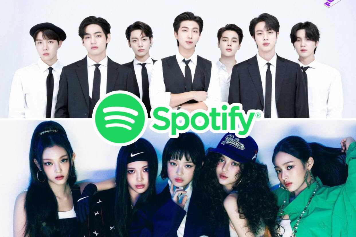BTS và NewJeans nằm trong Top 5 nghệ sĩ Kpop được stream nhiều nhất nửa đầu 2024 trên Spotify. Ảnh: Naver
