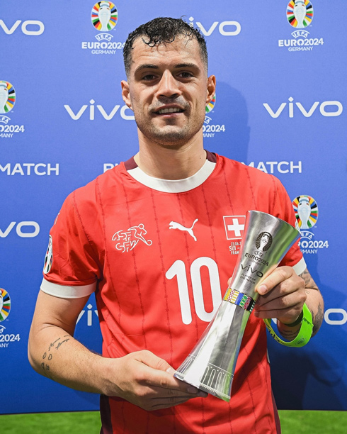 Xhaka đã nhận danh hiệu “Cầu thủ xuất sắc nhất” trong 2 trận đấu với Hungary và Đức tại vòng bảng EURO 2024. Ảnh: Liên đoàn bóng đá Thụy Sĩ