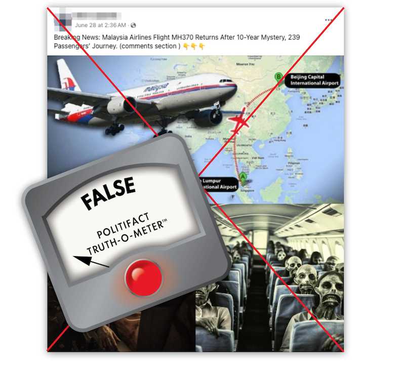 Bài đăng trên Facebook ngày 28.6 về việc MH370 trở về sau 10 năm là tin giả. Ảnh chụp màn hình