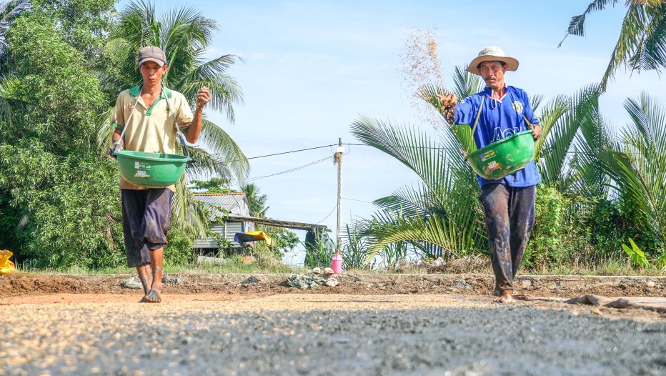 Tiến hành gieo mạ trên thảm bùn trộn với xơ dừa. Đây là hình thức gieo mạ sân phục vụ cho việc cấy bằng máy sau này.