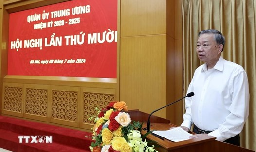 Chủ tịch nước Tô Lâm phát biểu tại Hội nghị Quân ủy Trung ương lần thứ mười. Ảnh: TTXVN