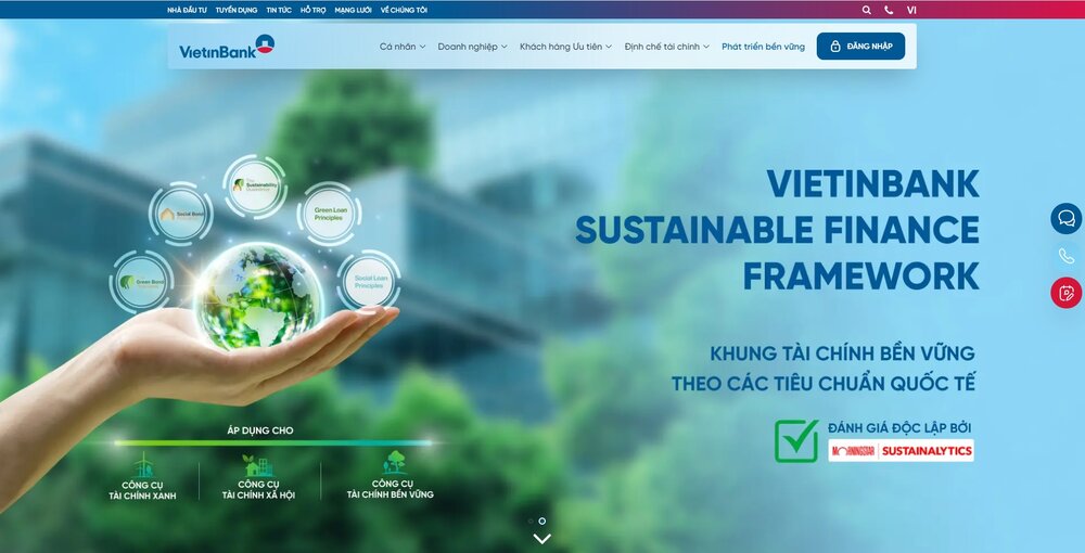 Website mới của VietinBank nổi bật yếu tố Phát triển bền vững. Ảnh: VietinBank