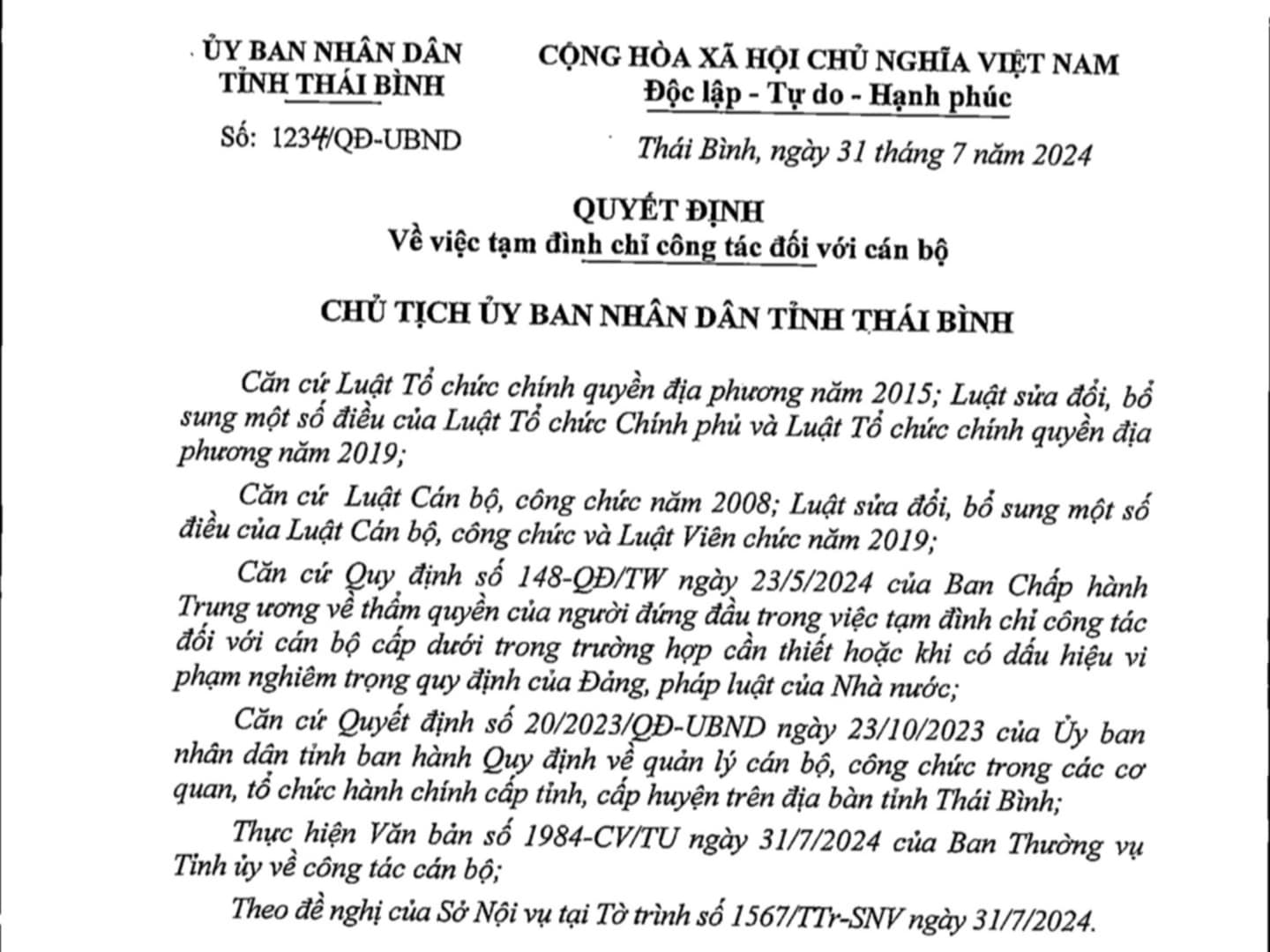 Decision to temporarily suspend the Director of Thai Binh Department of Education and Training for 15 days of Thai Binh Provincial People's Committee.