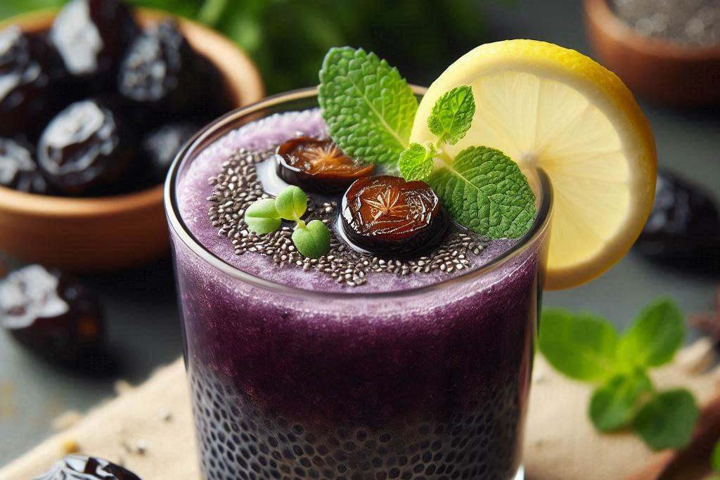 Nước mận hạt chia có thể giúp cải thiện tình trạng táo bón. Ảnh: AI - Ngọc Thùy