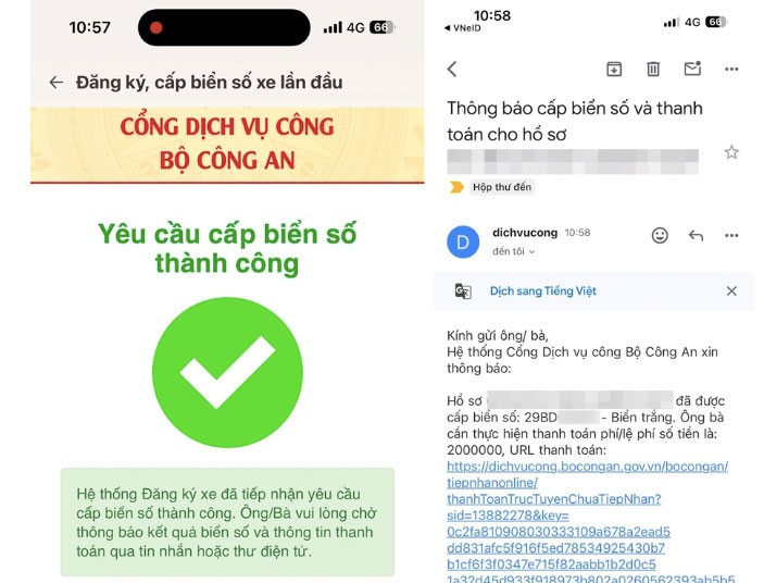  Dữ liệu cho thấy công dân đầu tiên bấm biển số xe qua cổng dịch vụ công Bộ Công an, VNeID. Ảnh: Cục CSGT
