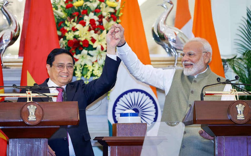 Thủ tướng Chính phủ Phạm Minh Chính và Thủ tướng Ấn Độ Narendra Modi trong cuộc họp báo ngày 1.8. Ảnh: VGP