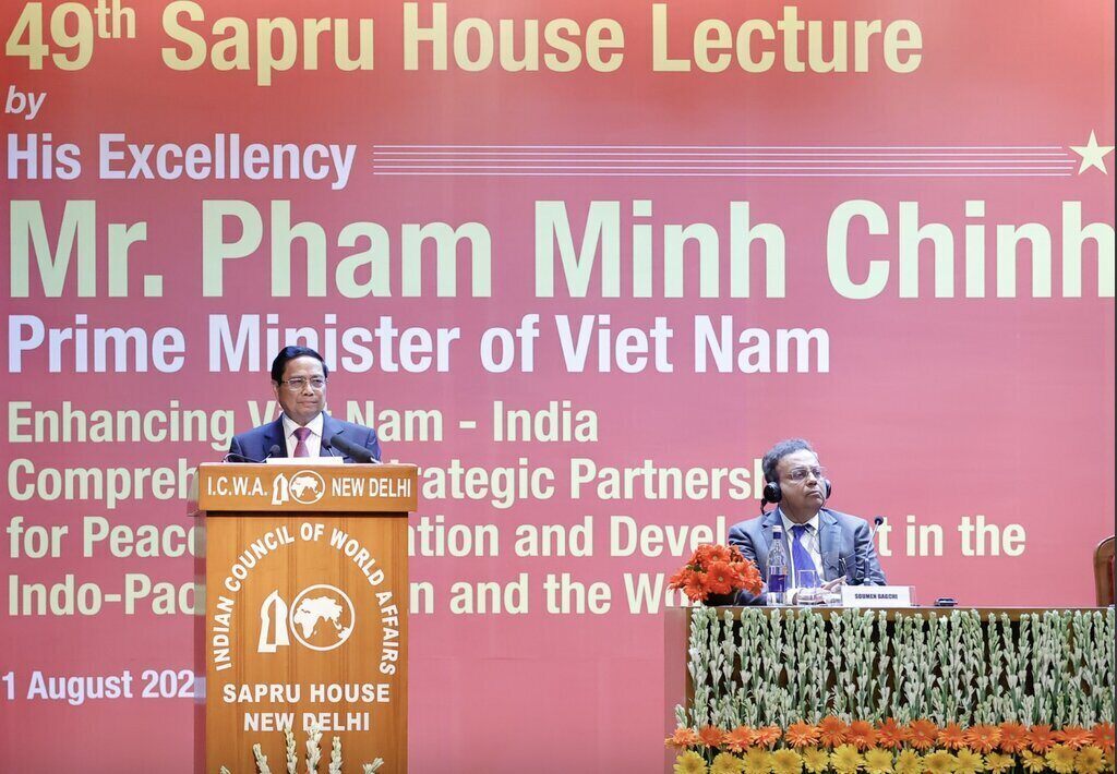 Thủ tướng Chính phủ Phạm Minh Chính có bài phát biểu chính sách quan trọng tại Hội đồng Các vấn đề thế giới của Ấn Độ. Ảnh: VGP