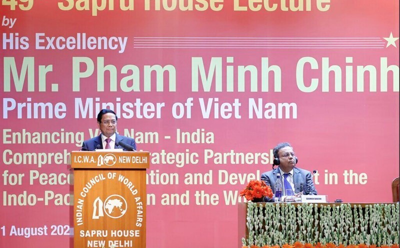 Thủ tướng Chính phủ Phạm Minh Chính có bài phát biểu chính sách quan trọng tại Hội đồng Các vấn đề thế giới của Ấn Độ. Ảnh: VGP