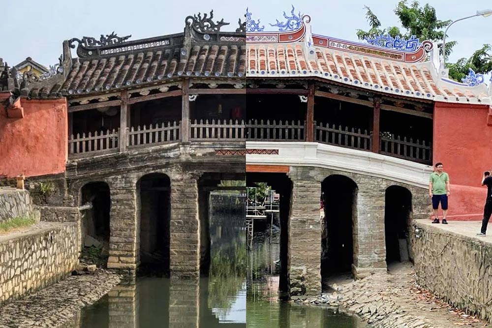 Covered Bridge before and after restoration (right). On July 30, the Cau Pagoda restoration unit painted the side with dark lime to "harmonize with the foundation".