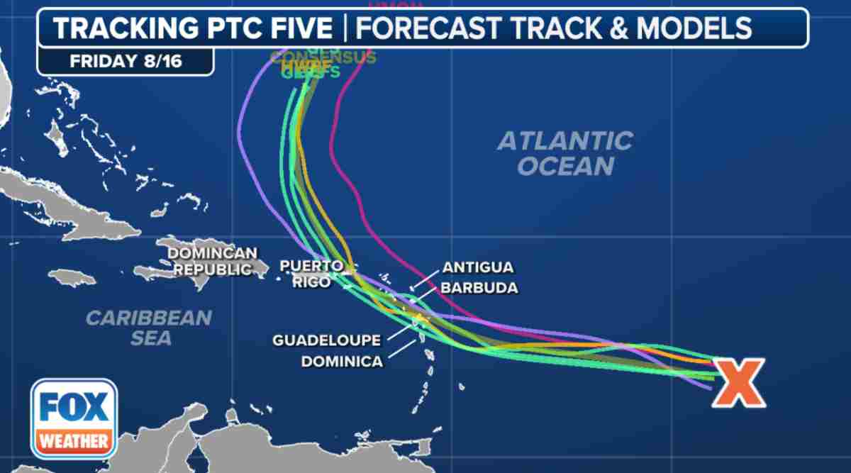 Models forecasting the path of storm No. 5. Photo: NHC/Fox Weather