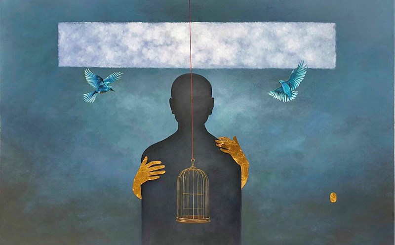 Bóng. Kích thước: 100x180cm. Chất liệu: sơn mài kết hợp. Năm st: 2024. Hoạ sĩ: Nguyễn Mạnh Cường