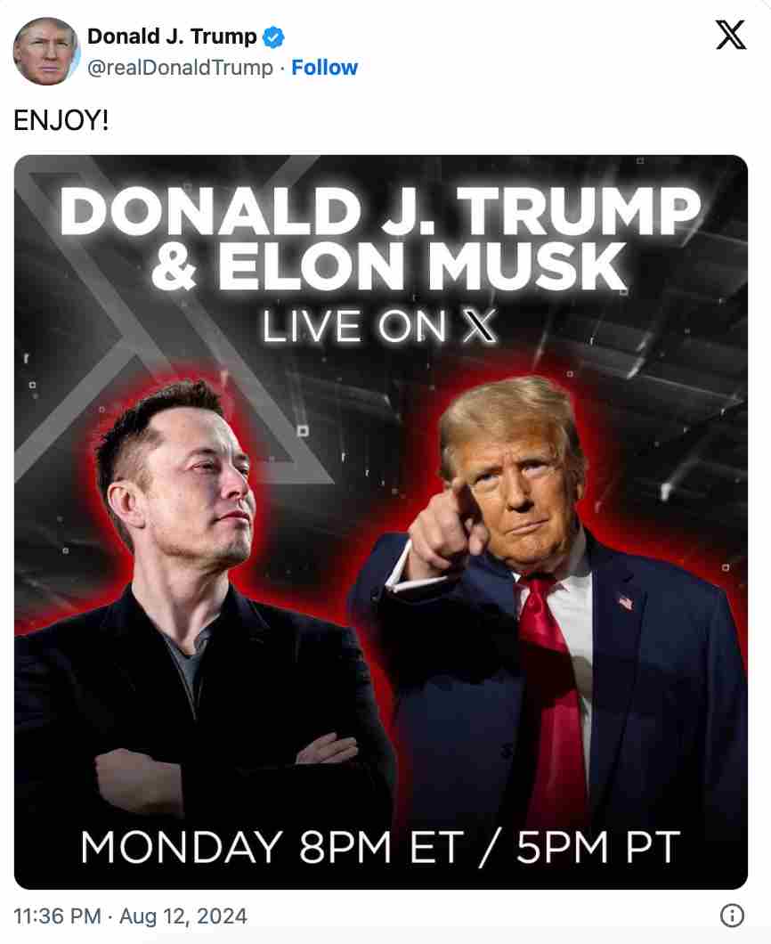 Donald Trump's post about his conversation with Elon Musk. Screenshot