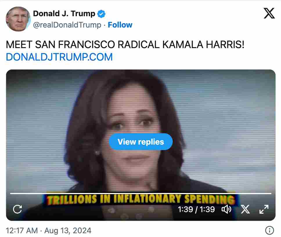 Donald Trump's post about Vice President Kamala Harris. Screenshot