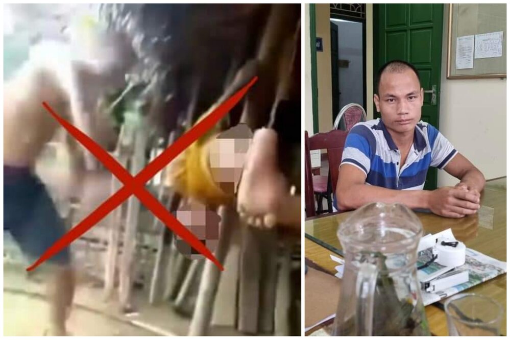 Ảnh cắt từ clip trên mạng xã hội (bên trái) và chân dung người cha dượng bạo hành cháu Q (bên phải). Ảnh: Công an tỉnh Phú Thọ.