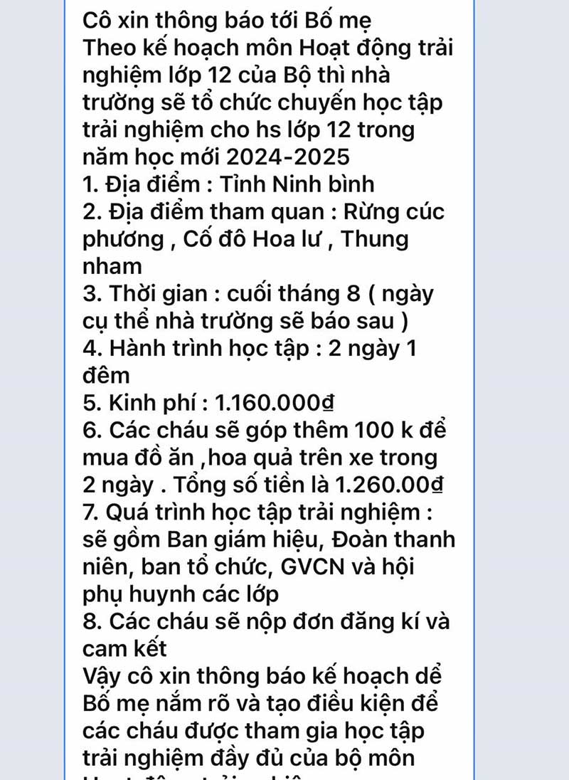 Message from a teacher of a private high school in Vinh City announcing the organization of experiential activities during the summer. Photo: Quang Dai